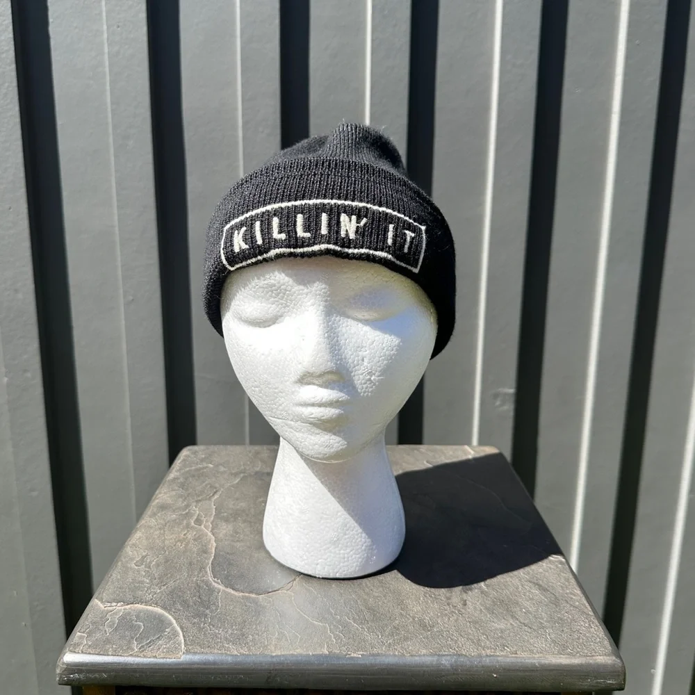 Brandy Melville “Killin’ It” Black Embroidered Beanie